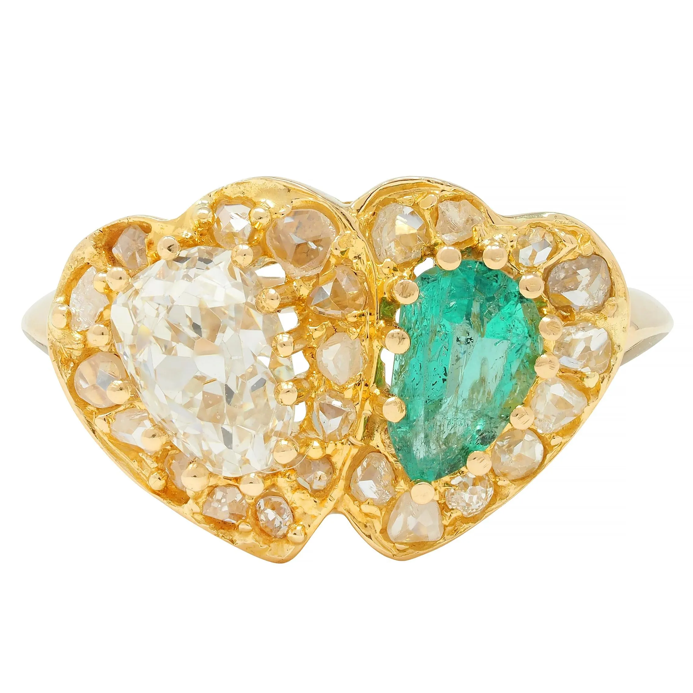 1.63 CTW Emerald Diamond 18 Karat Yellow Gold Toi Et Moi Heart Ring