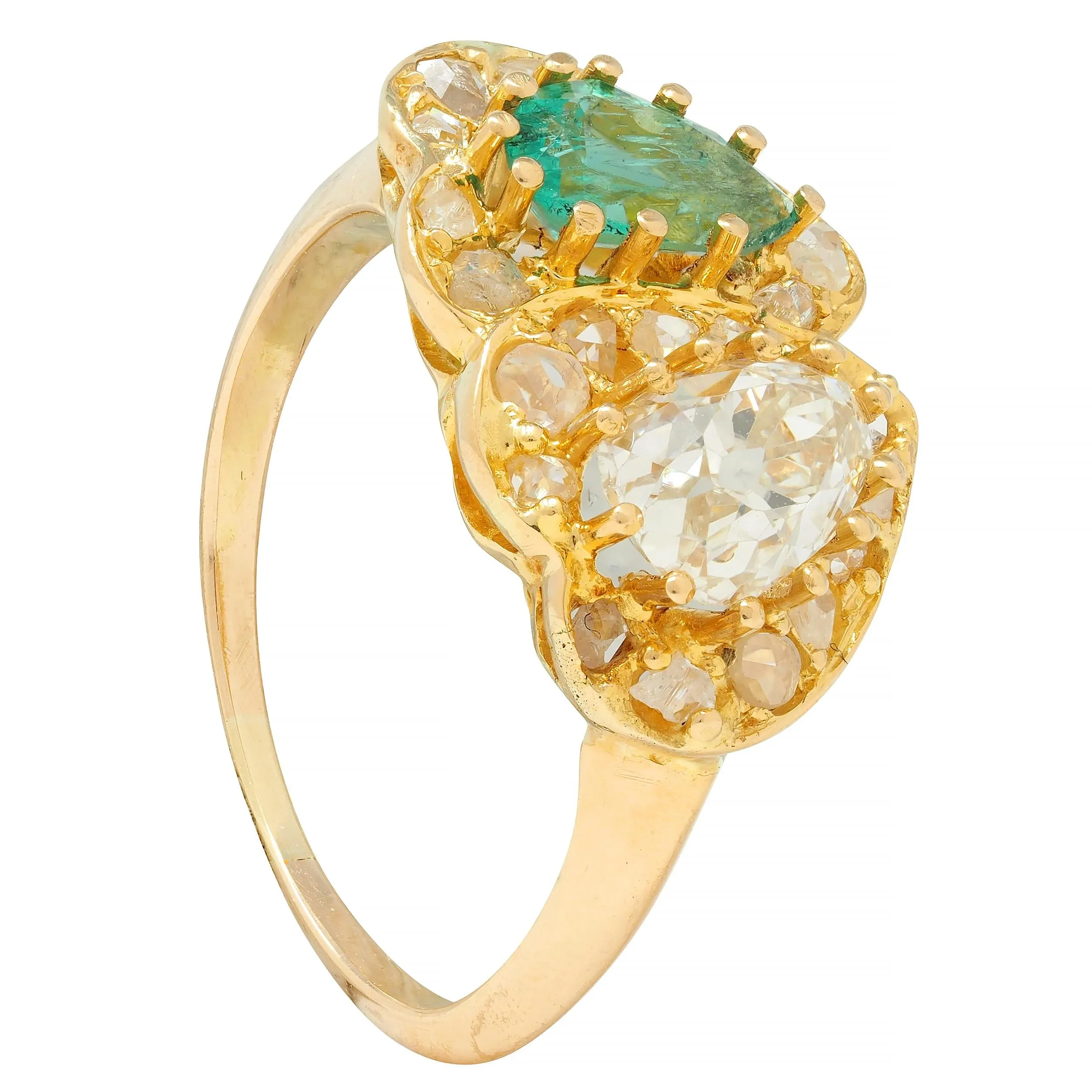 1.63 CTW Emerald Diamond 18 Karat Yellow Gold Toi Et Moi Heart Ring