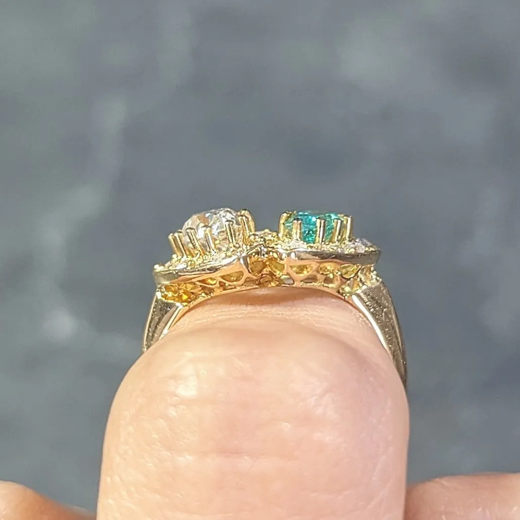 1.63 CTW Emerald Diamond 18 Karat Yellow Gold Toi Et Moi Heart Ring