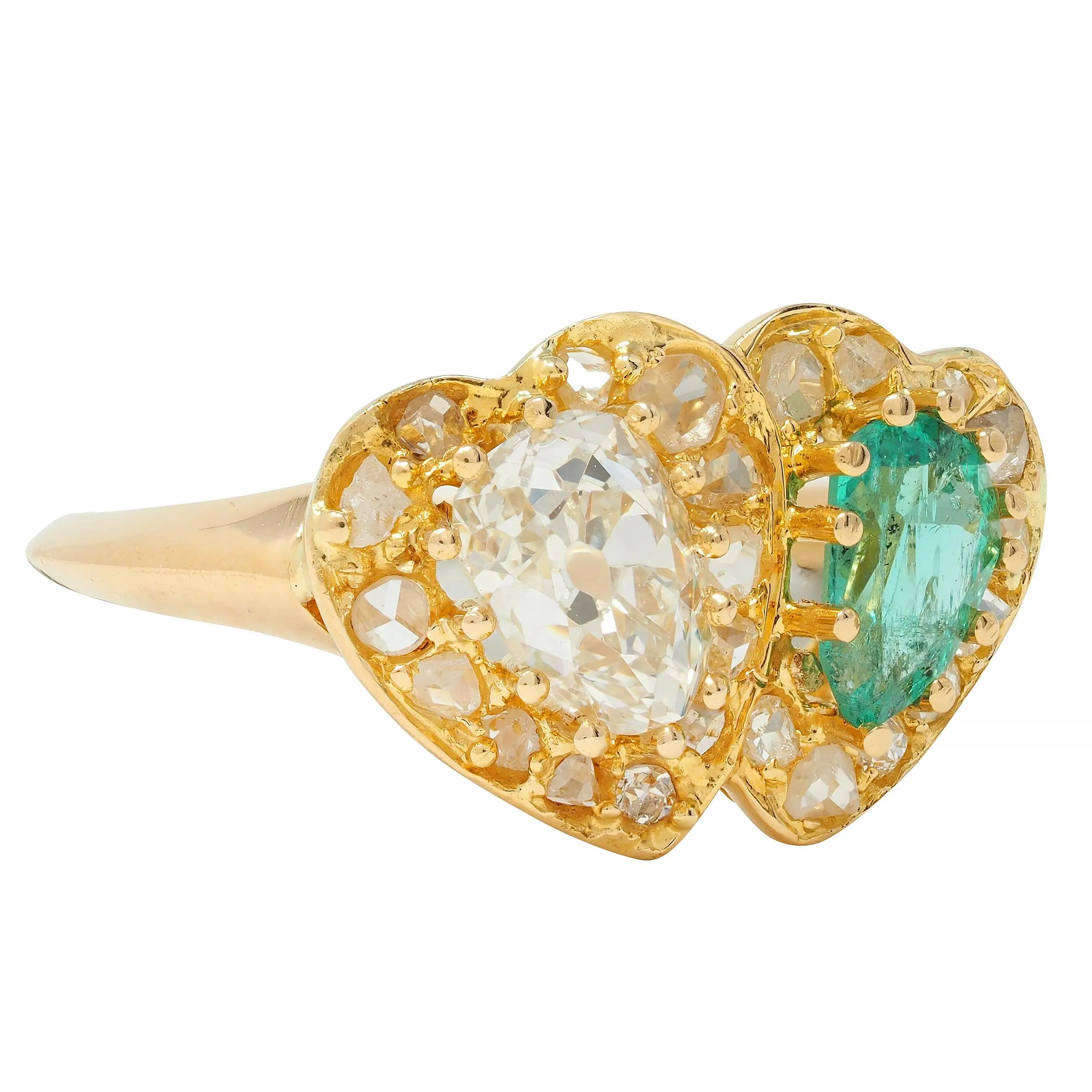 1.63 CTW Emerald Diamond 18 Karat Yellow Gold Toi Et Moi Heart Ring