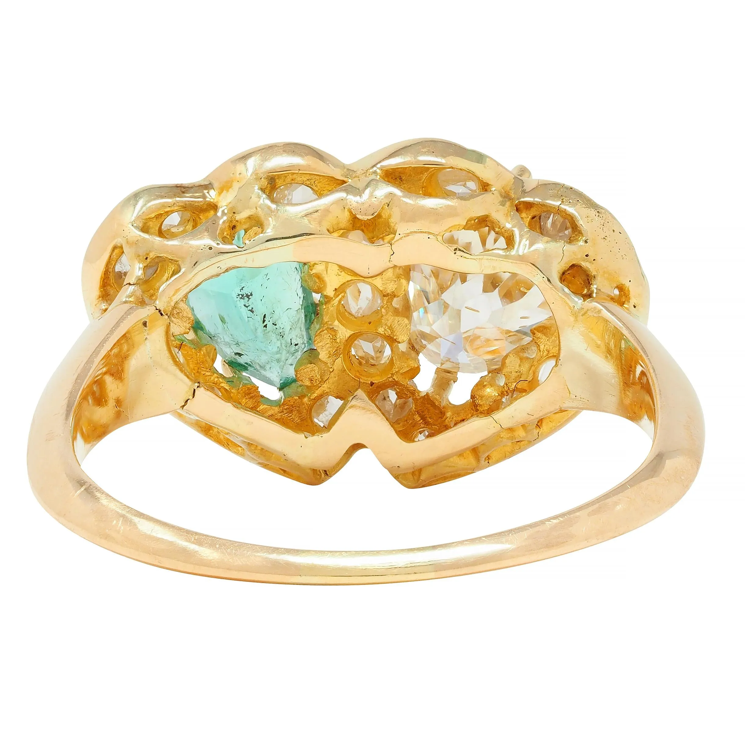 1.63 CTW Emerald Diamond 18 Karat Yellow Gold Toi Et Moi Heart Ring