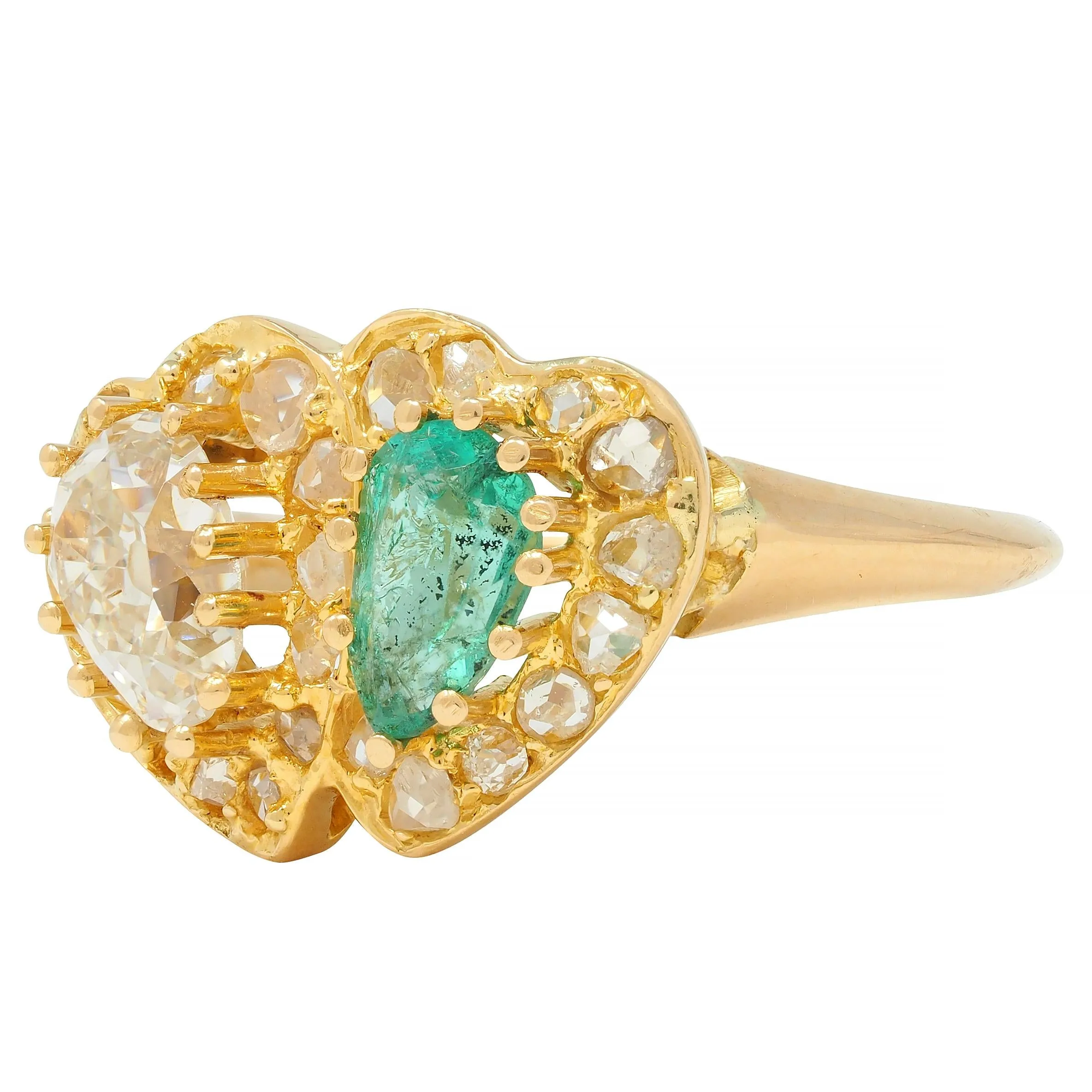 1.63 CTW Emerald Diamond 18 Karat Yellow Gold Toi Et Moi Heart Ring