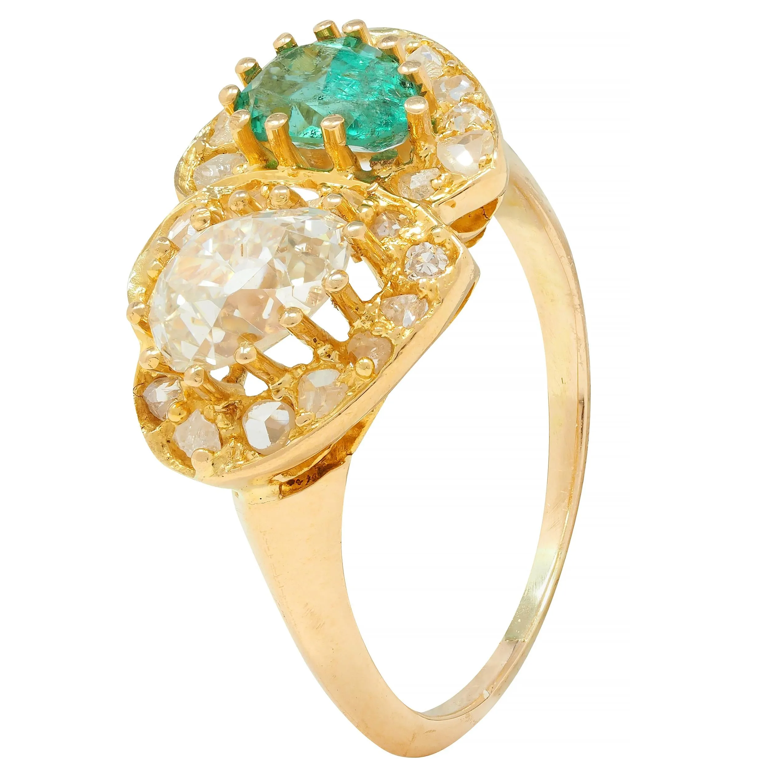 1.63 CTW Emerald Diamond 18 Karat Yellow Gold Toi Et Moi Heart Ring