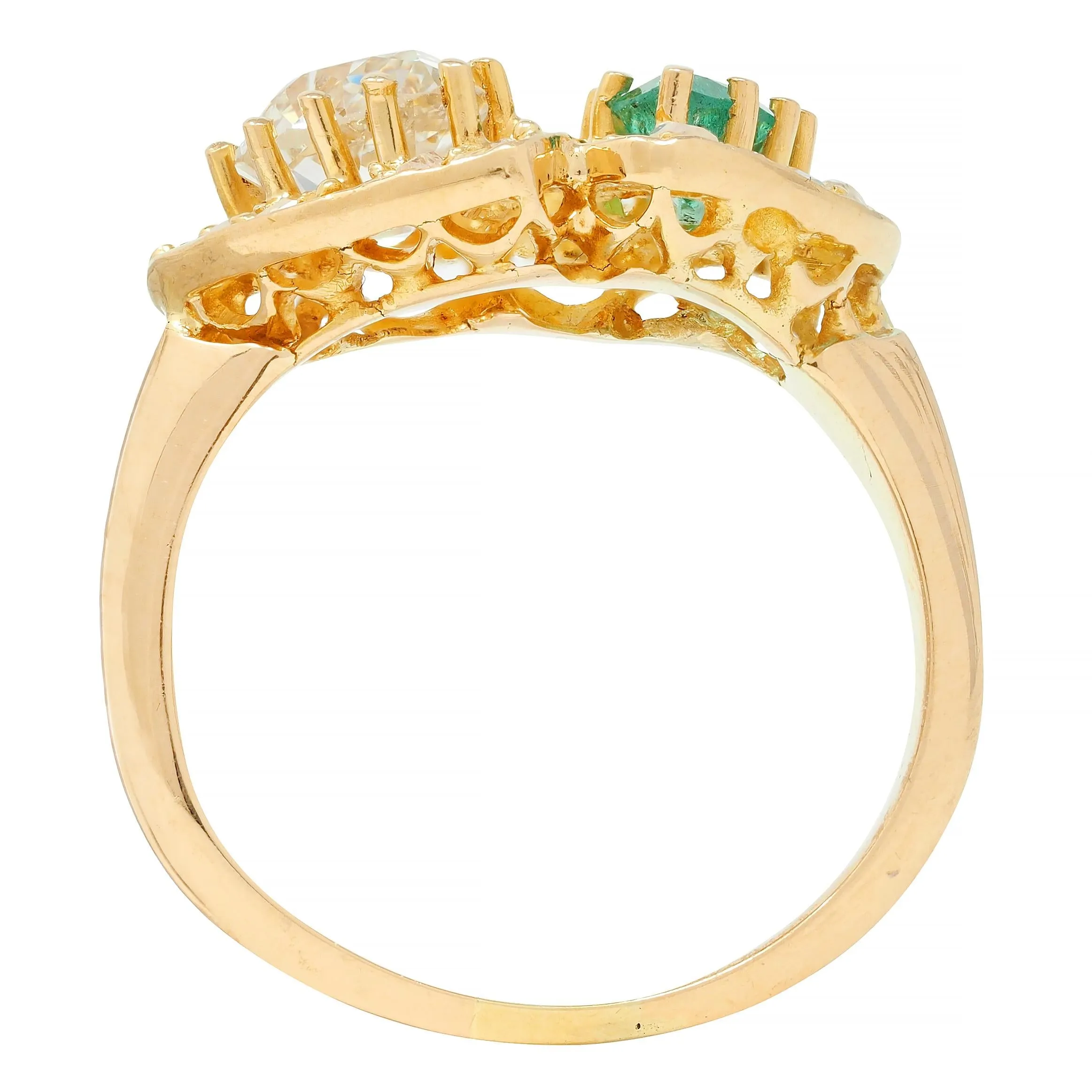 1.63 CTW Emerald Diamond 18 Karat Yellow Gold Toi Et Moi Heart Ring