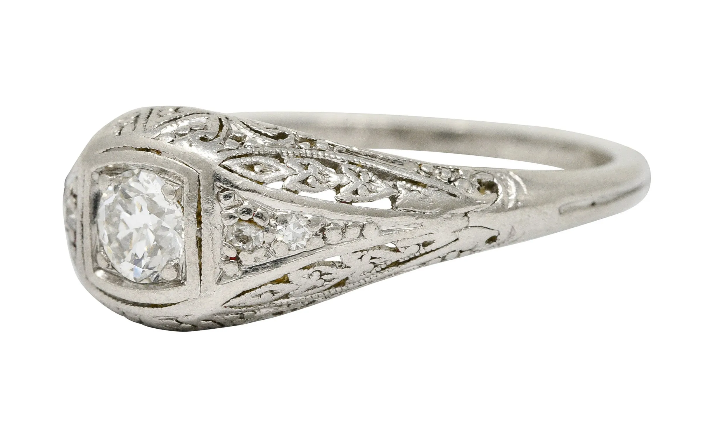 1925 Early Art Deco 0.32 CTW Diamond Platinum Foliate Engagement Ring