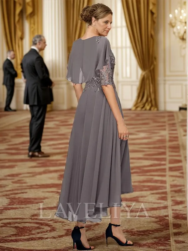 A-line Bateau 1/2 Sleeves Ruffles Asymmetrical Chiffon Mother of the Bride Dress  #DM0093