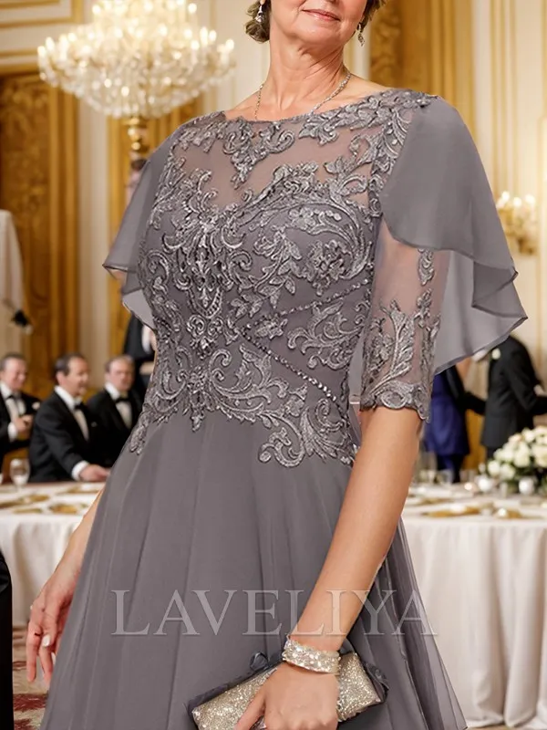 A-line Bateau 1/2 Sleeves Ruffles Asymmetrical Chiffon Mother of the Bride Dress  #DM0093