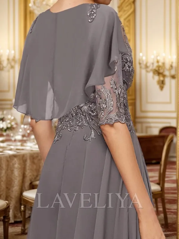 A-line Bateau 1/2 Sleeves Ruffles Asymmetrical Chiffon Mother of the Bride Dress  #DM0093