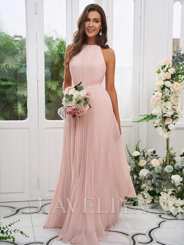 A-line Halter Ruffles Floor-Length Chiffon Bridesmaid Dress  #ZB230386