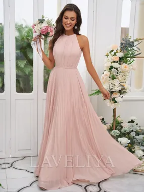 A-line Halter Ruffles Floor-Length Chiffon Bridesmaid Dress  #ZB230386