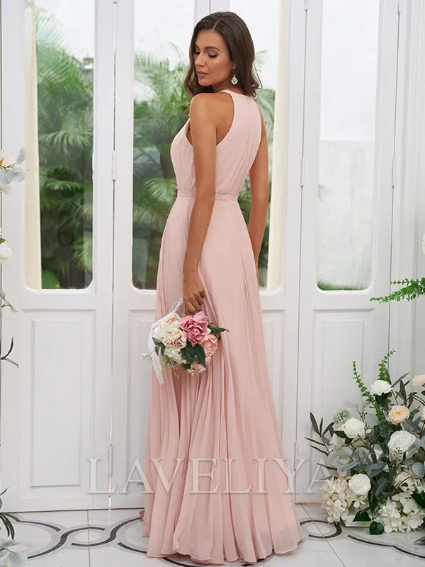 A-line Halter Ruffles Floor-Length Chiffon Bridesmaid Dress  #ZB230386