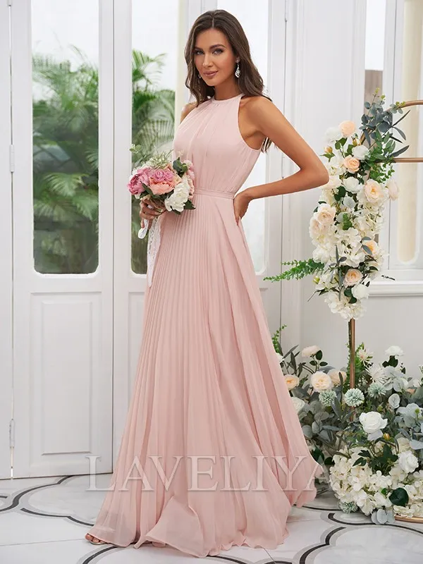 A-line Halter Ruffles Floor-Length Chiffon Bridesmaid Dress  #ZB230386