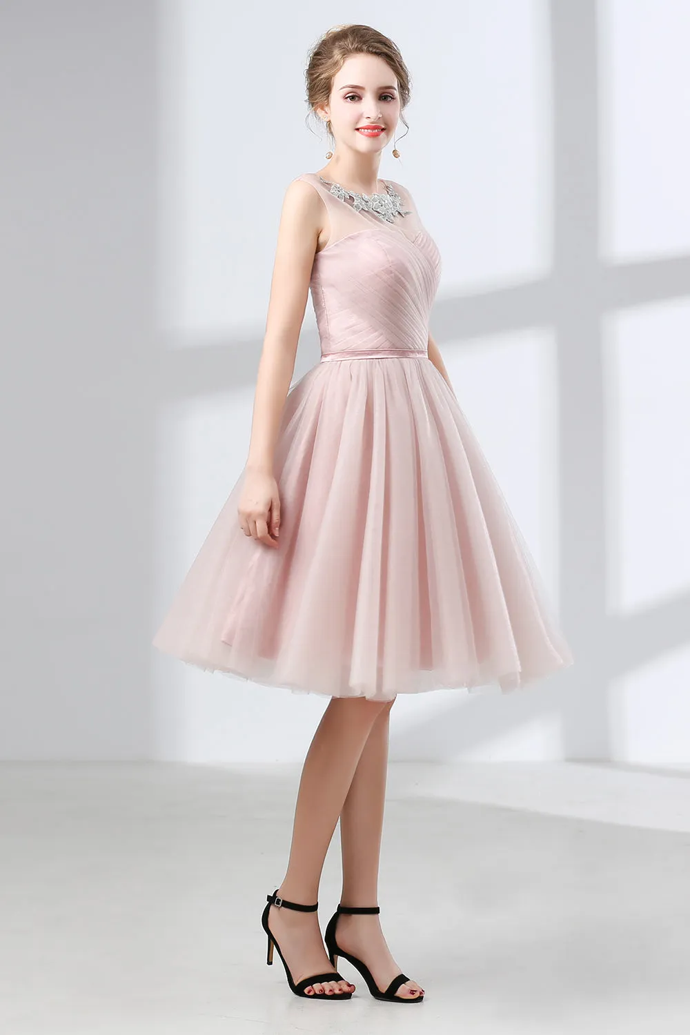 A-Line Pink Tulle Lace Pleats Knee Length Homecoming Dresses