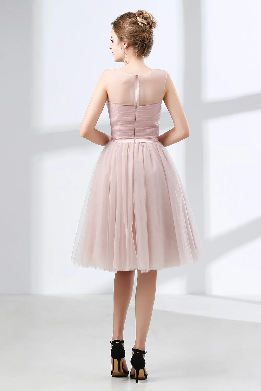 A-Line Pink Tulle Lace Pleats Knee Length Homecoming Dresses