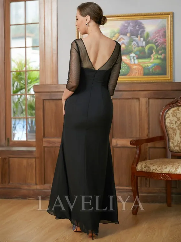 A-line Scoop 3/4 Sleeves Pleated Floor-Length Chiffon Mother of the Bride Dress  #XM230273