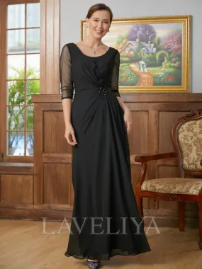 A-line Scoop 3/4 Sleeves Pleated Floor-Length Chiffon Mother of the Bride Dress  #XM230273