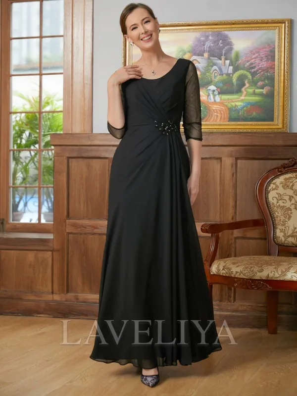 A-line Scoop 3/4 Sleeves Pleated Floor-Length Chiffon Mother of the Bride Dress  #XM230273