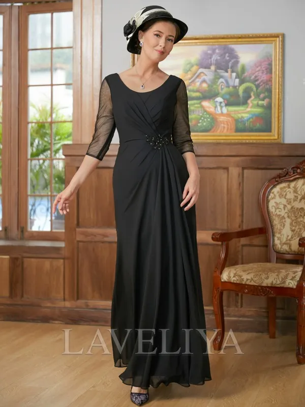 A-line Scoop 3/4 Sleeves Pleated Floor-Length Chiffon Mother of the Bride Dress  #XM230273