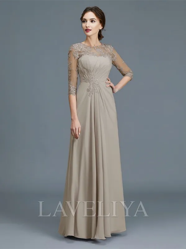 A-line Scoop 3/4 Sleeves Ruffles Floor-Length Chiffon Mother of the Bride Dress  #XM230069