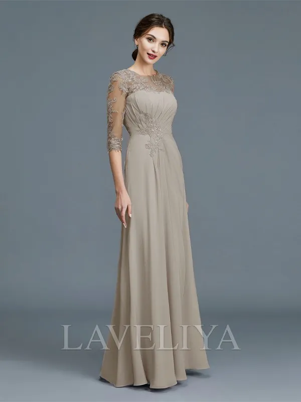 A-line Scoop 3/4 Sleeves Ruffles Floor-Length Chiffon Mother of the Bride Dress  #XM230069