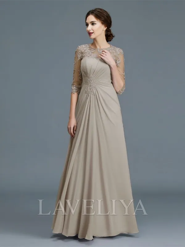 A-line Scoop 3/4 Sleeves Ruffles Floor-Length Chiffon Mother of the Bride Dress  #XM230069