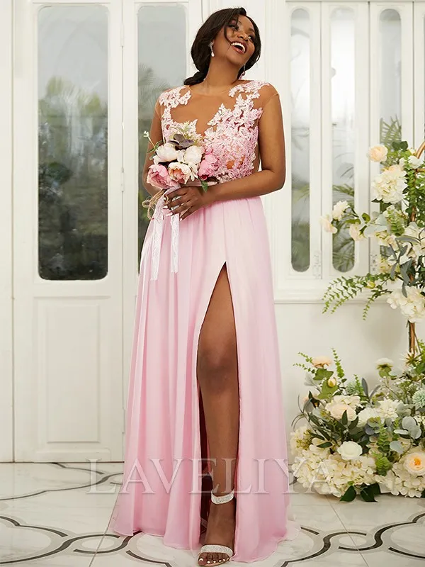 A-line Scoop Appliques Lace Floor-Length Chiffon Bridesmaid Dress  #ZB230336