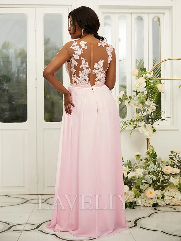 A-line Scoop Appliques Lace Floor-Length Chiffon Bridesmaid Dress  #ZB230336