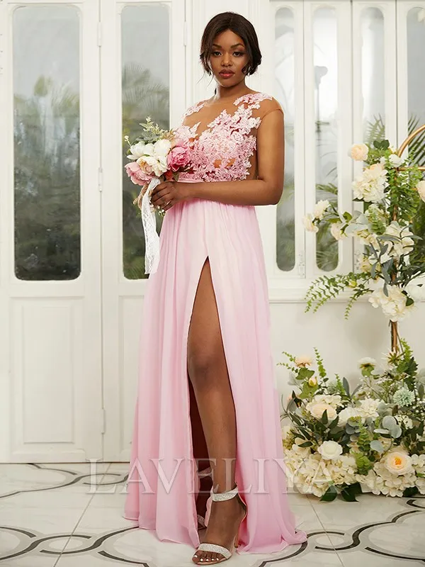 A-line Scoop Appliques Lace Floor-Length Chiffon Bridesmaid Dress  #ZB230336