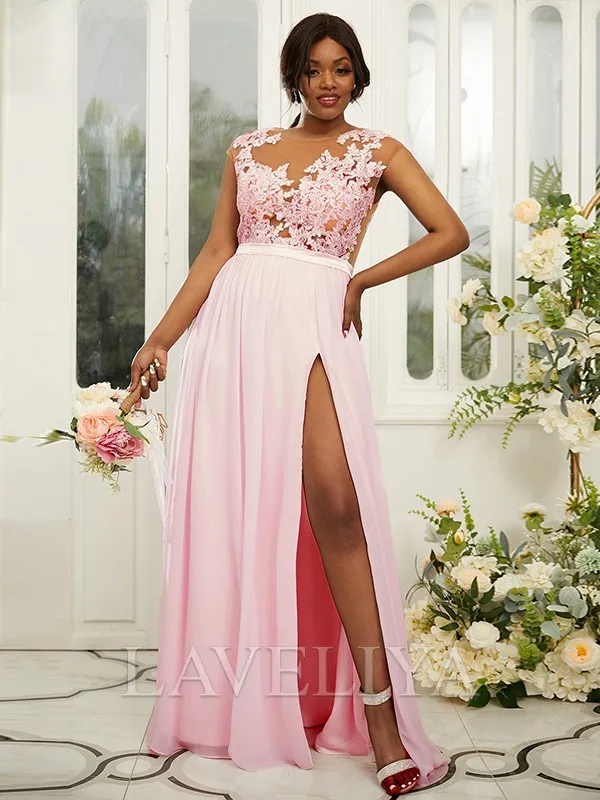 A-line Scoop Appliques Lace Floor-Length Chiffon Bridesmaid Dress  #ZB230336