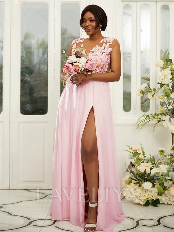 A-line Scoop Appliques Lace Floor-Length Chiffon Bridesmaid Dress  #ZB230336