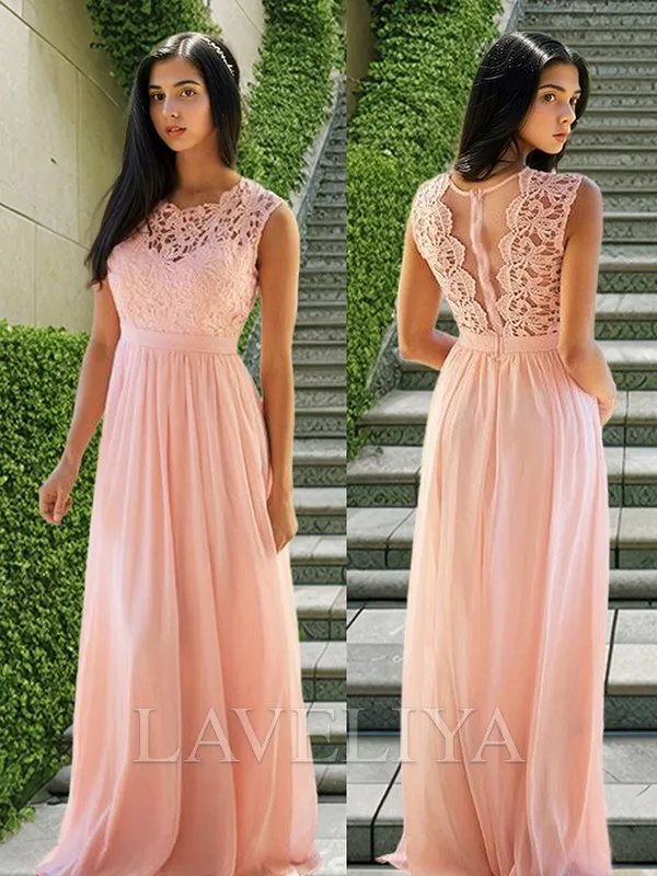 A-line Scoop Appliques Lace Floor-Length Chiffon Dress  #PE0407