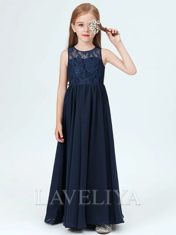 A-line Scoop Lace Floor-Length Chiffon Junior Bridesmaid Dress  #HQF0084