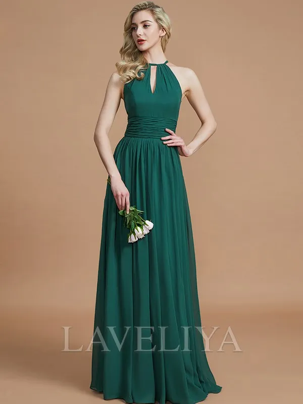 A-line Scoop Pleated Floor-Length Chiffon Bridesmaid Dress  #ZB230155