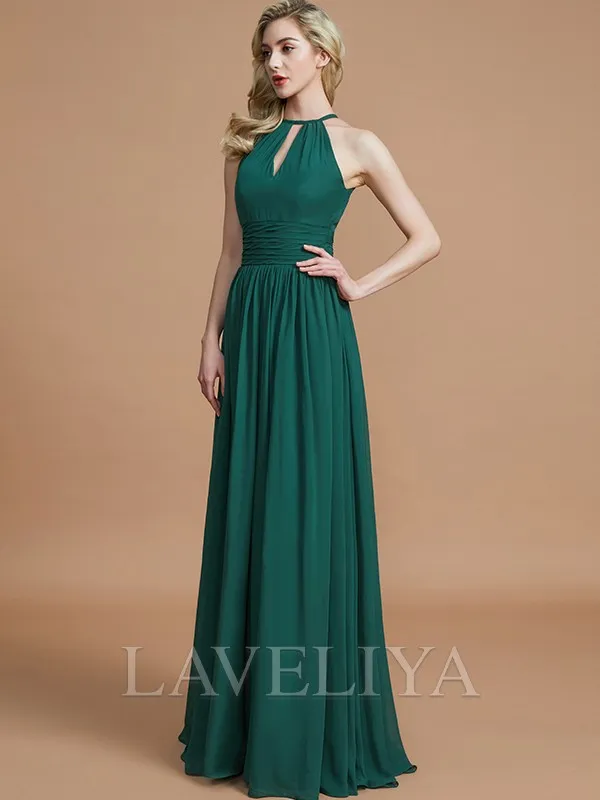 A-line Scoop Pleated Floor-Length Chiffon Bridesmaid Dress  #ZB230155