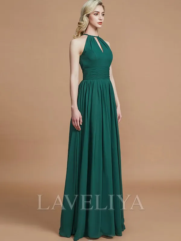 A-line Scoop Pleated Floor-Length Chiffon Bridesmaid Dress  #ZB230155