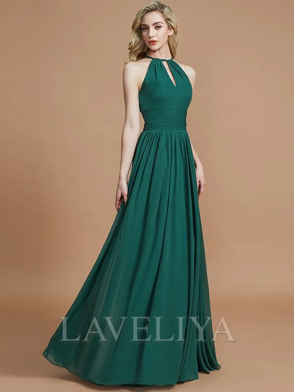 A-line Scoop Pleated Floor-Length Chiffon Bridesmaid Dress  #ZB230155