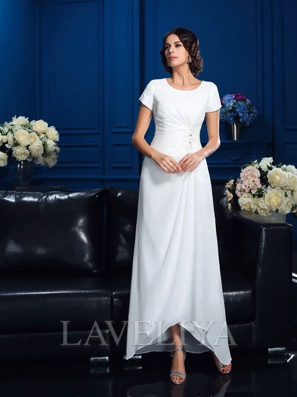 A-line Scoop Short Sleeves Ruffles Asymmetrical Chiffon Mother of the Bride Dress  #XM230112