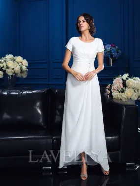 A-line Scoop Short Sleeves Ruffles Asymmetrical Chiffon Mother of the Bride Dress  #XM230112