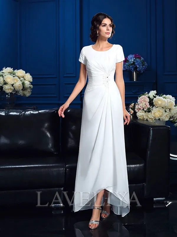 A-line Scoop Short Sleeves Ruffles Asymmetrical Chiffon Mother of the Bride Dress  #XM230112