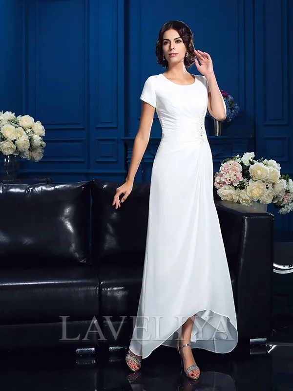 A-line Scoop Short Sleeves Ruffles Asymmetrical Chiffon Mother of the Bride Dress  #XM230112