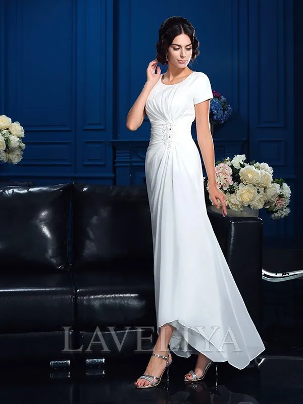 A-line Scoop Short Sleeves Ruffles Asymmetrical Chiffon Mother of the Bride Dress  #XM230112