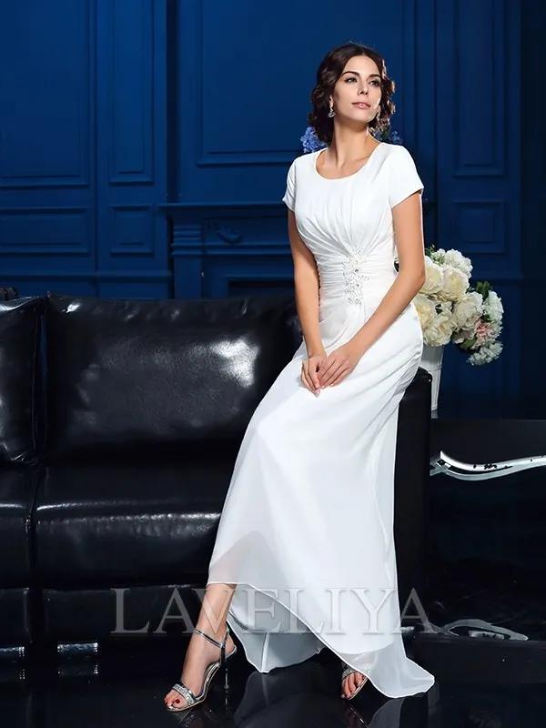 A-line Scoop Short Sleeves Ruffles Asymmetrical Chiffon Mother of the Bride Dress  #XM230112