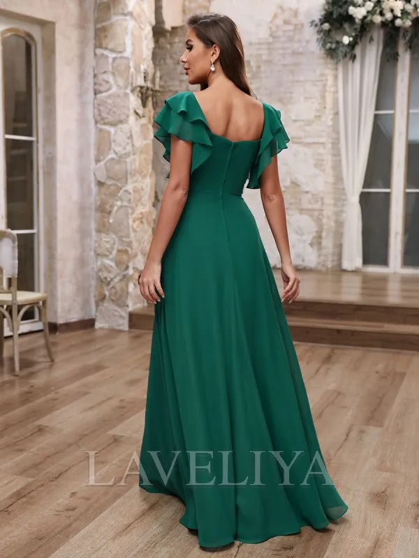 A-line Square Short Sleeves Ruffles Floor-Length Chiffon Bridesmaid Dress  #ZB240081