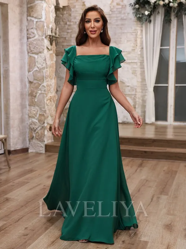 A-line Square Short Sleeves Ruffles Floor-Length Chiffon Bridesmaid Dress  #ZB240081