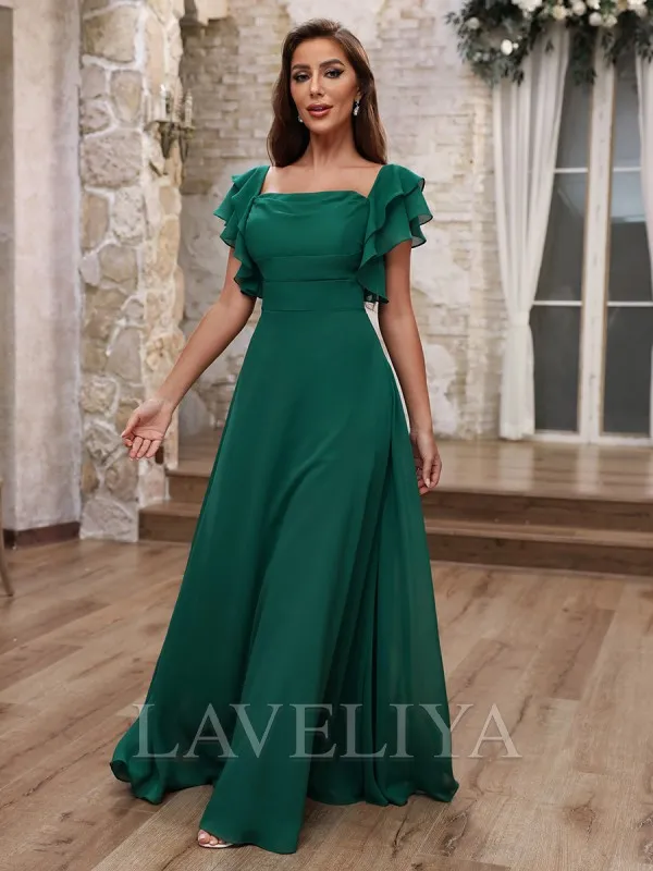 A-line Square Short Sleeves Ruffles Floor-Length Chiffon Bridesmaid Dress  #ZB240081