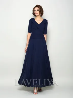 A-line V-neck 1/2 Sleeves Pleated Ankle-Length Chiffon Mother of the Bride Dress  #XM230032