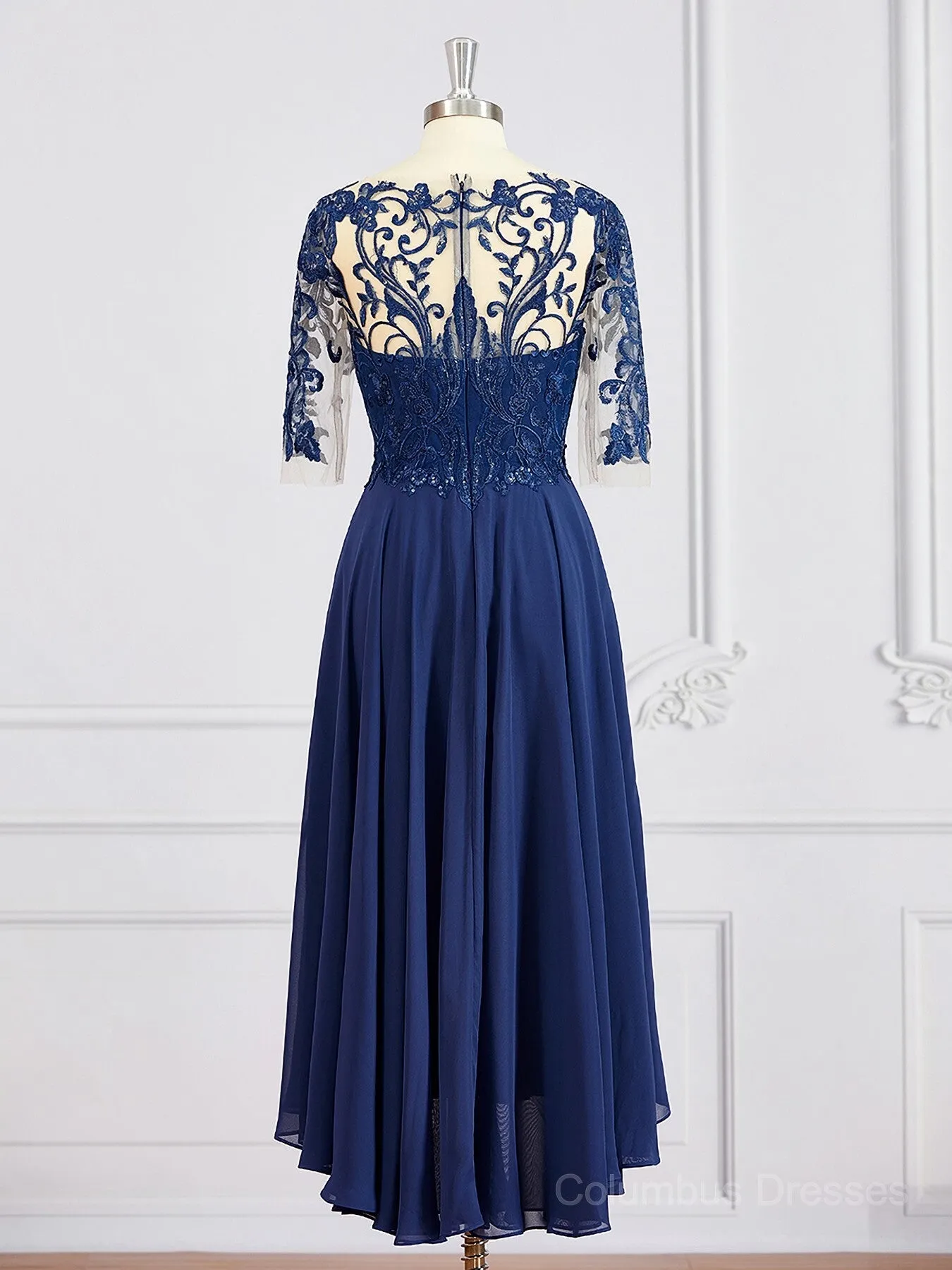 A-Line/Princess Bateau Tea-Length Chiffon Mother of the Bride Dresses With Appliques Lace