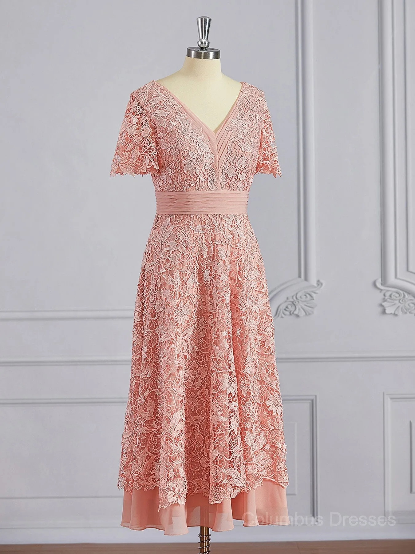 A-Line/Princess V-neck Tea-Length Chiffon Mother of the Bride Dresses With Appliques Lace