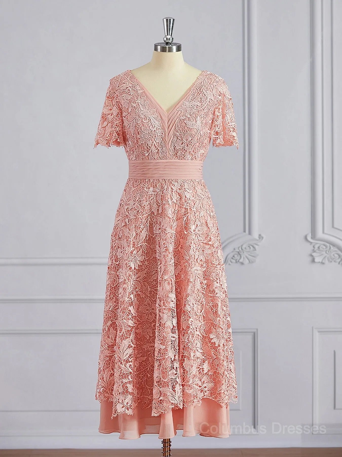 A-Line/Princess V-neck Tea-Length Chiffon Mother of the Bride Dresses With Appliques Lace