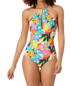 Anne Cole High Neck Ruffle Straps One-Piece Swimsuit In Plumeria